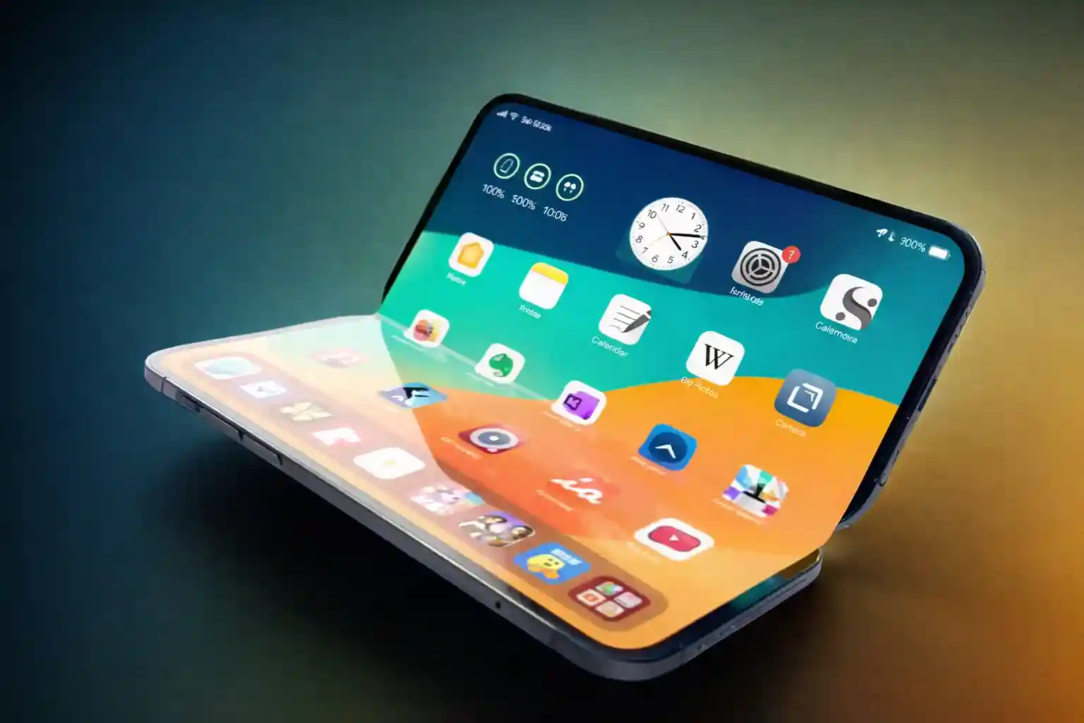 Concept render of Apple’s rumored foldable iPhone Fold shown partially open with large inner display