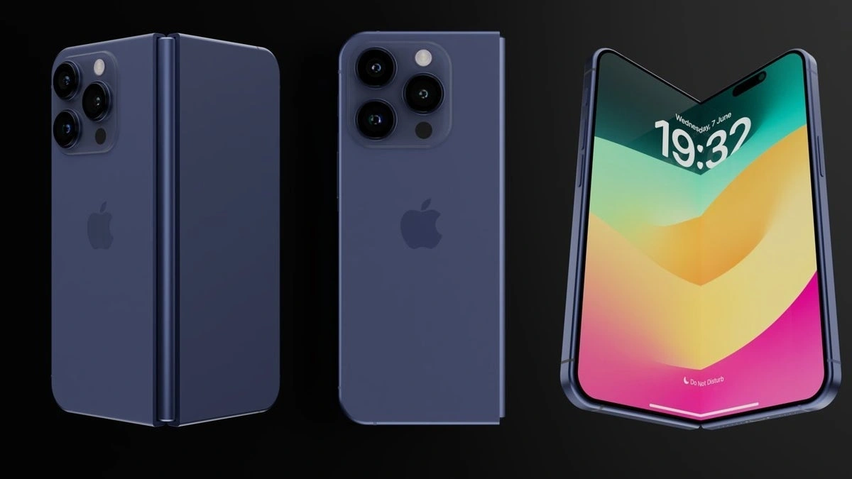 Apple foldable iPhone concept showing closed, rear, and open views of a clamshell-style iPhone Flip