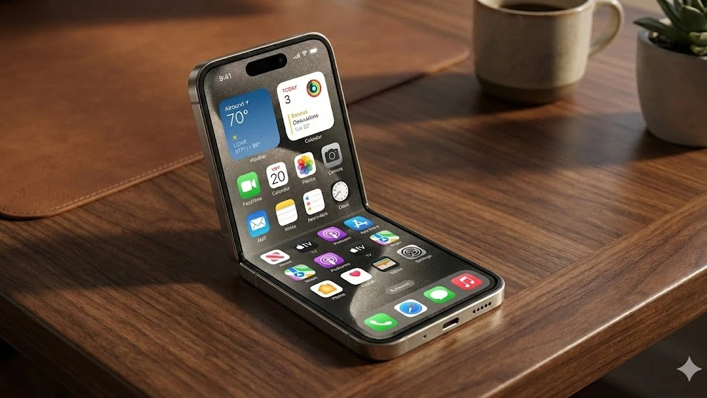 Render of Apple iPhone Fold clamshell style iPhone Flip concept in closed and open positions
