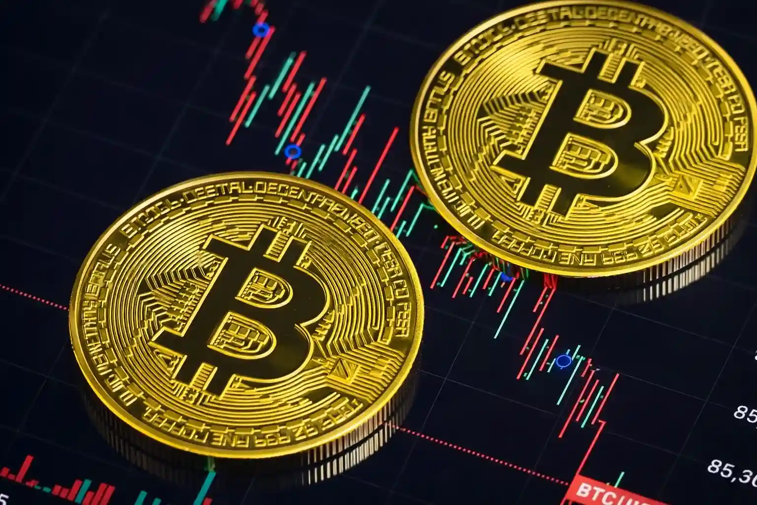 Two Bitcoin coins displayed over a falling price chart, illustrating Bitcoin’s sharp decline and crypto market sell-off