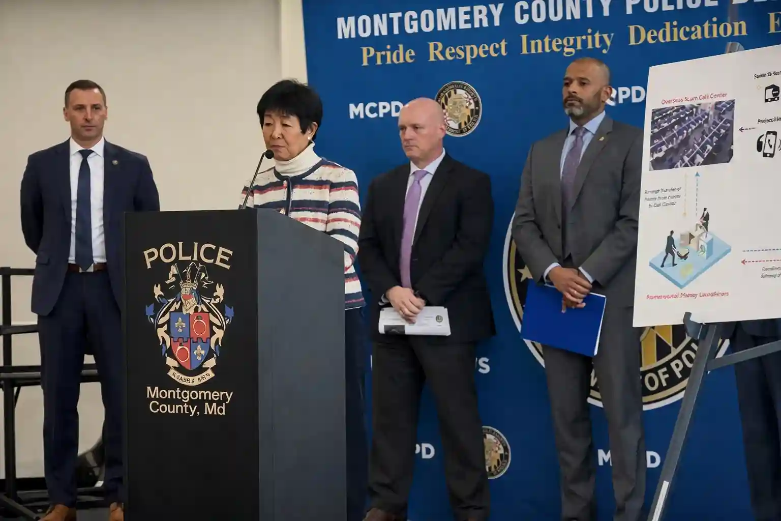 Montgomery County Police discuss international fraud and money laundering at press conference.