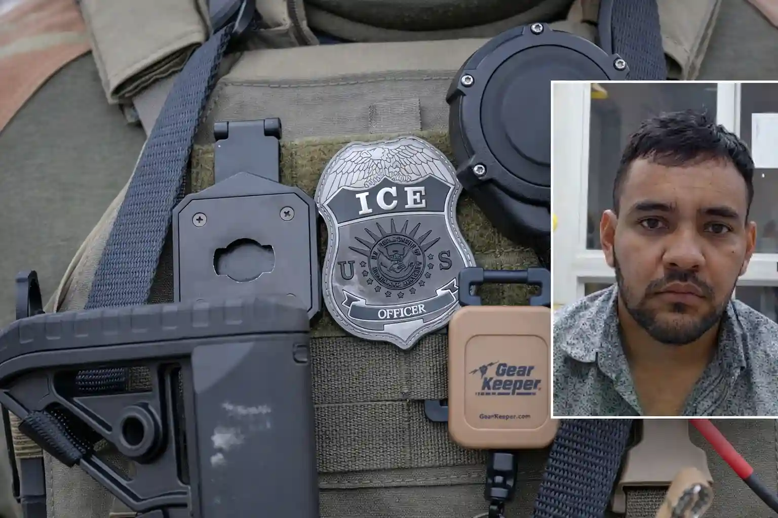 Close-up of an ICE officer’s tactical vest displaying a U.S. Immigration and Customs Enforcement badge with law enforcement equipment