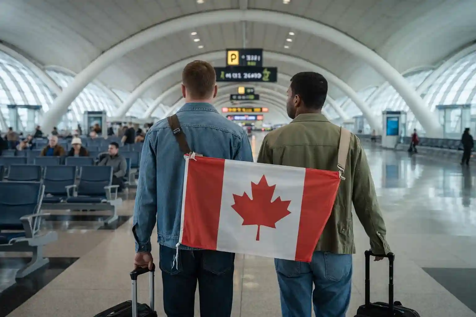 Travelers with luggage walk through an airport terminal carrying a Canadian flag