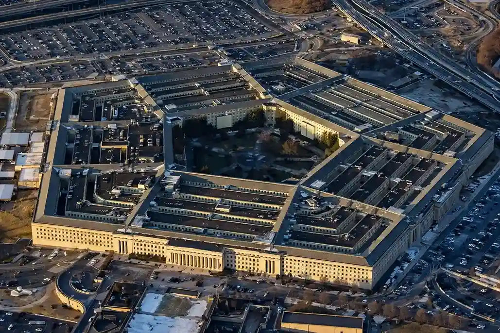 Overhead aerial shot of the Pentagon complex highlighting the five-sided U.S. defense building in Washington area