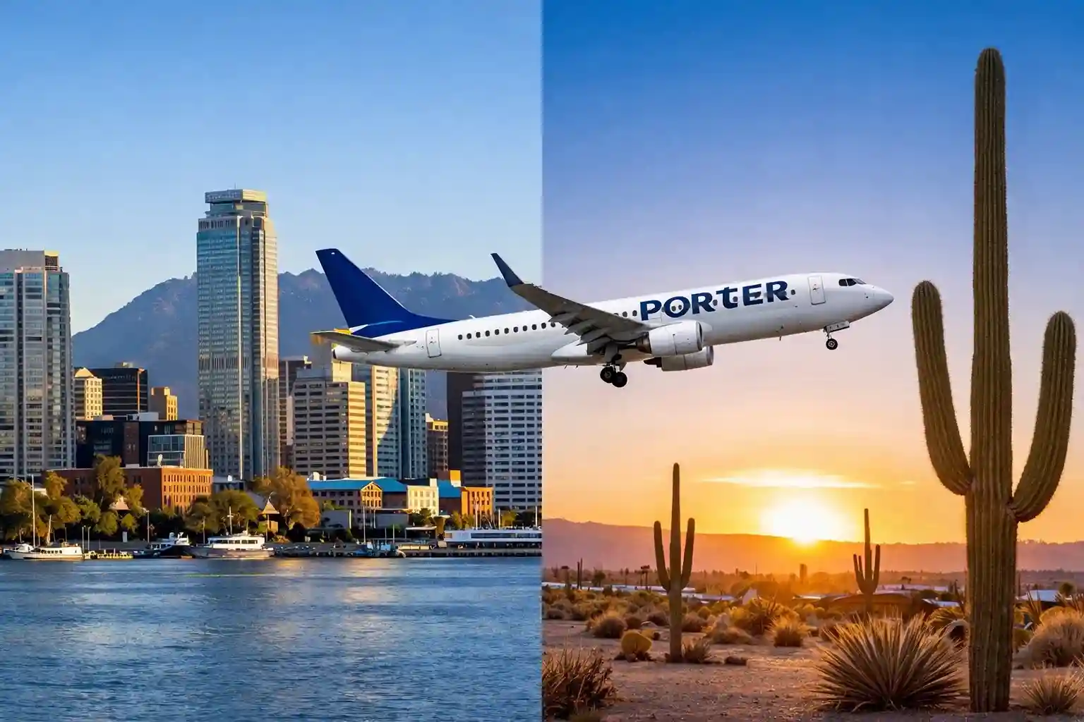 A Porter Airlines aircraft flying over a city skyline on the left and a desert landscape with a cactus on the right, representing a route between Vancouver and Phoenix
