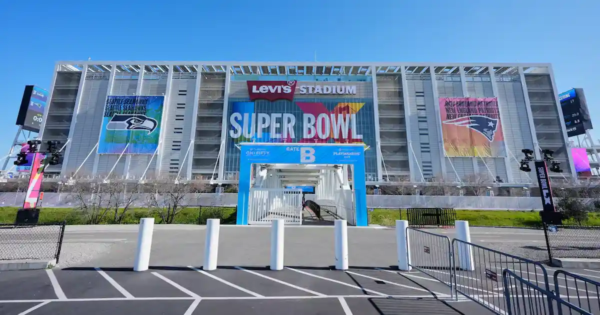 Levi’s Stadium exterior decorated for Super Bowl LX in Santa Clara, California