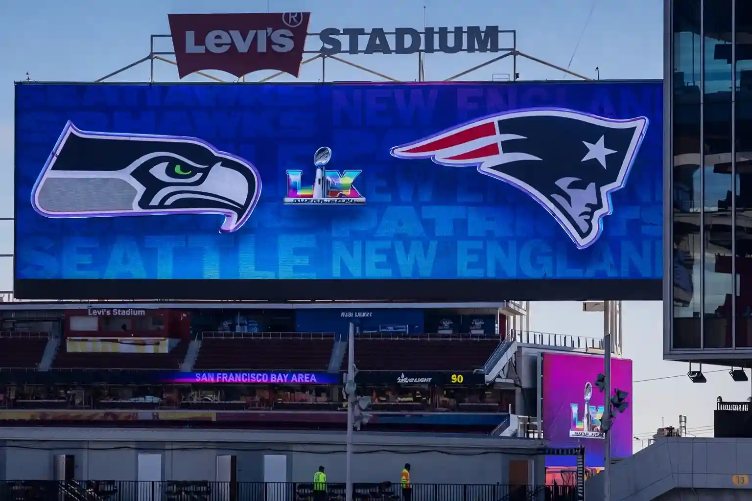 Super Bowl LX matchup display showing Seattle Seahawks vs New England Patriots at Levi’s Stadium
