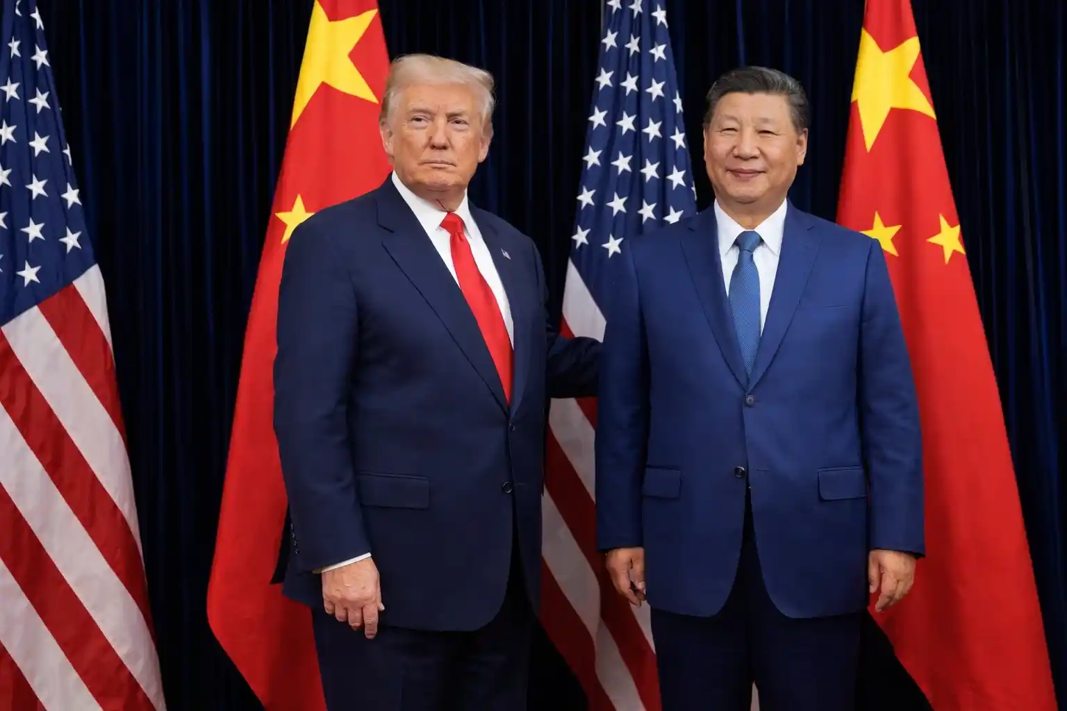 Donald Trump and Xi Jinping stand together in front of U.S. and Chinese flags during a diplomatic meeting