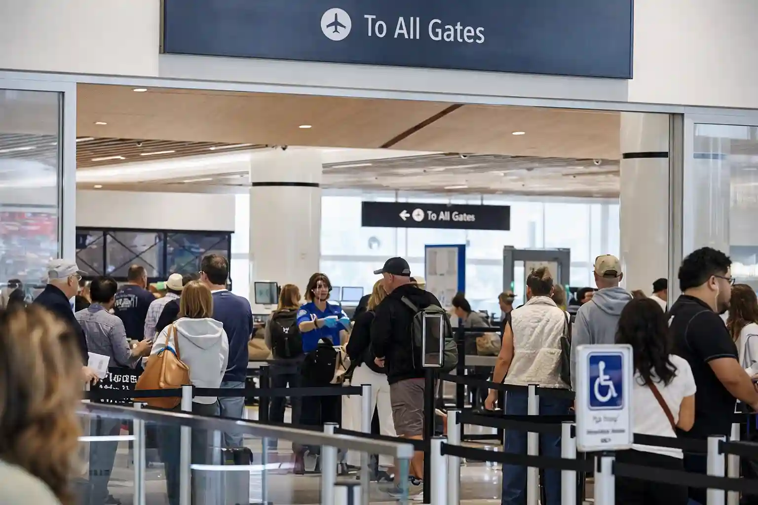 Passengers waiting in TSA security line at a busy U.S. airport terminal